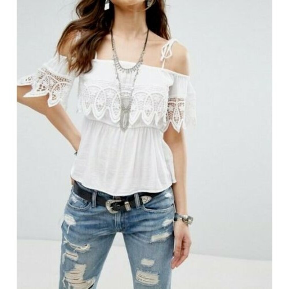 266467 Denim & Supply Ralph Lauren Crochet Lace Blouse Top Off Shoulder XXS NEW
